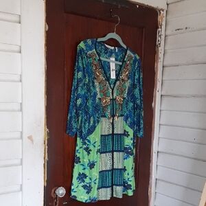 Soft Surroundings Blue & Green Floral Embellished Long Sleeve Dress